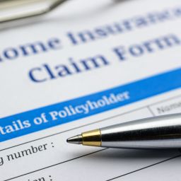 Blue ballpoint pen and a home insurance claim form on a clip board. A blank / empty form is waiting to be filled and signed by a policyholder / insured person.